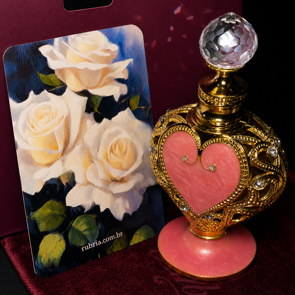 Elixir Perfume da Sereia da Rubria em frasco de arabescos com detalhes dourados e coração rosa perolado, fotografado sobre caixa bordô da marca ao lado de cartão ilustrado com rosas brancas. 