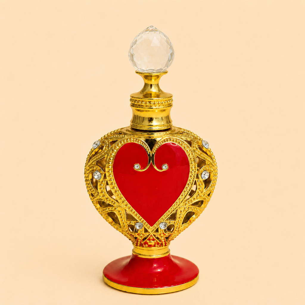 Elixir em óleo Rainha Escarlate Rubria em frasco ornamental dourado com coração vermelho, sobre fundo bege, perfume natural concentrado de luxo.
